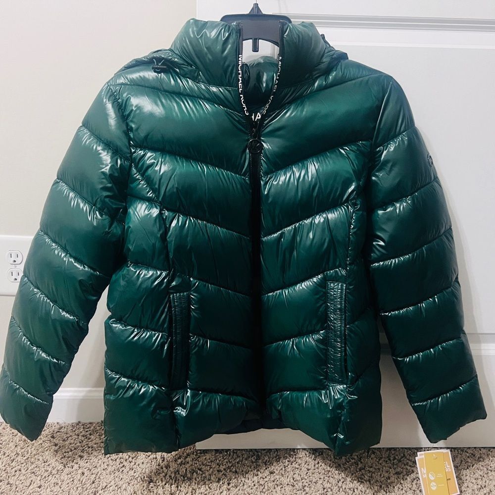 Michael Kors Hooded Chevron Puffer Jacket Glossy Packable Coat Women’s L Green